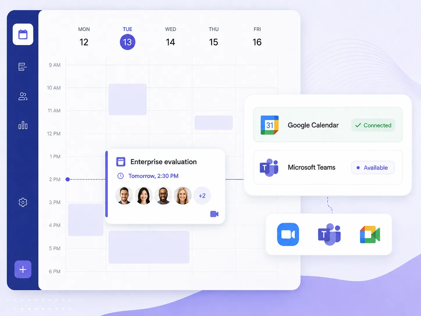 Calendar connection panel with Google Calendar connected, Enterprise evaluation meeting and Microsoft Teams, Zoom and Google Meet integrations