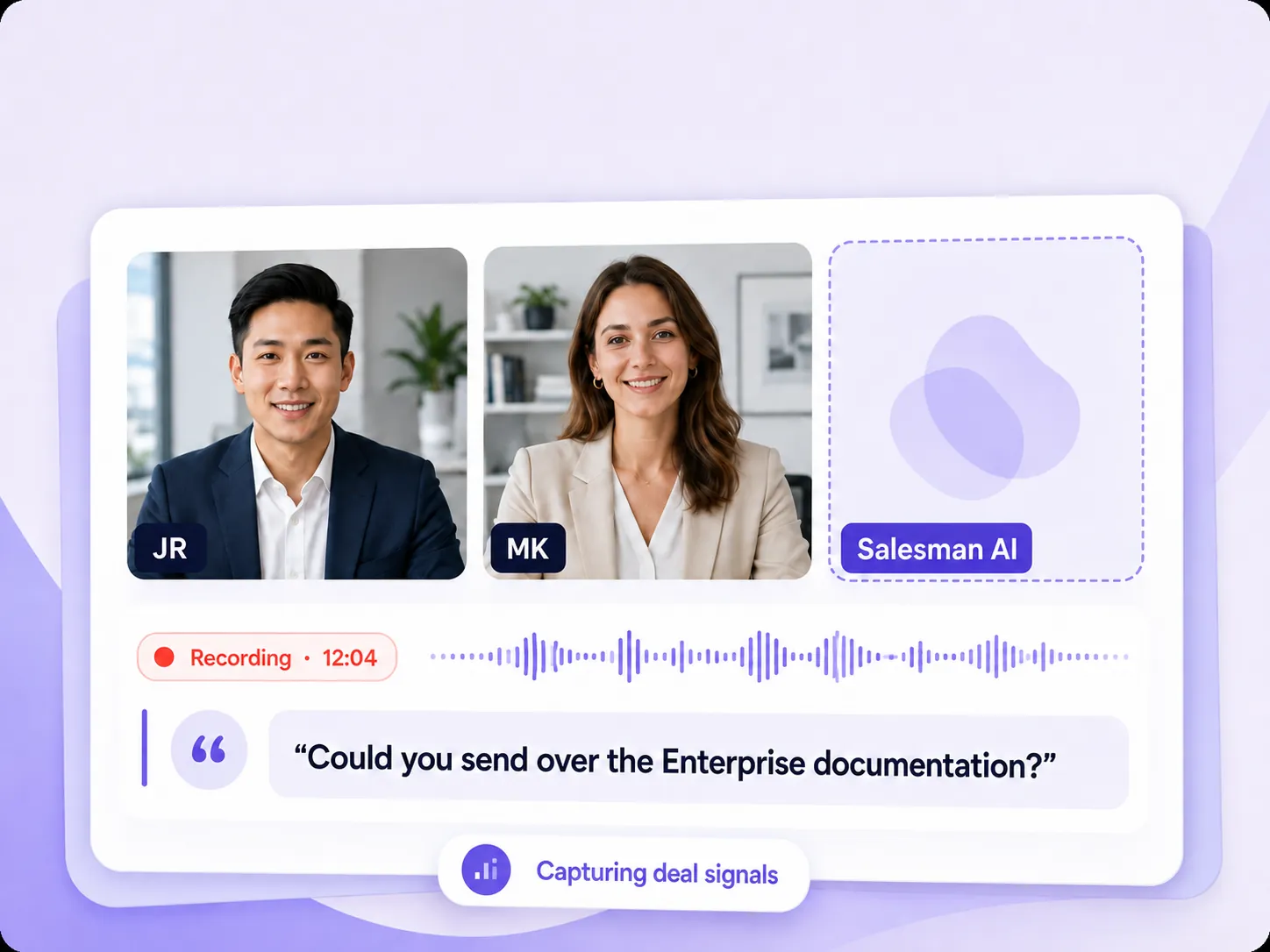 Live call recording with two participant tiles, waveform and captured transcript quote