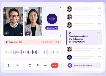 Call capture panel with participant tiles, waveform and transcript quote