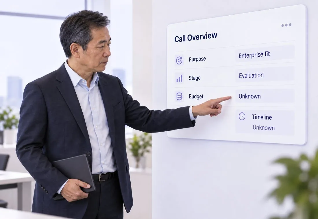 Call overview summarising purpose, stage, budget and timeline