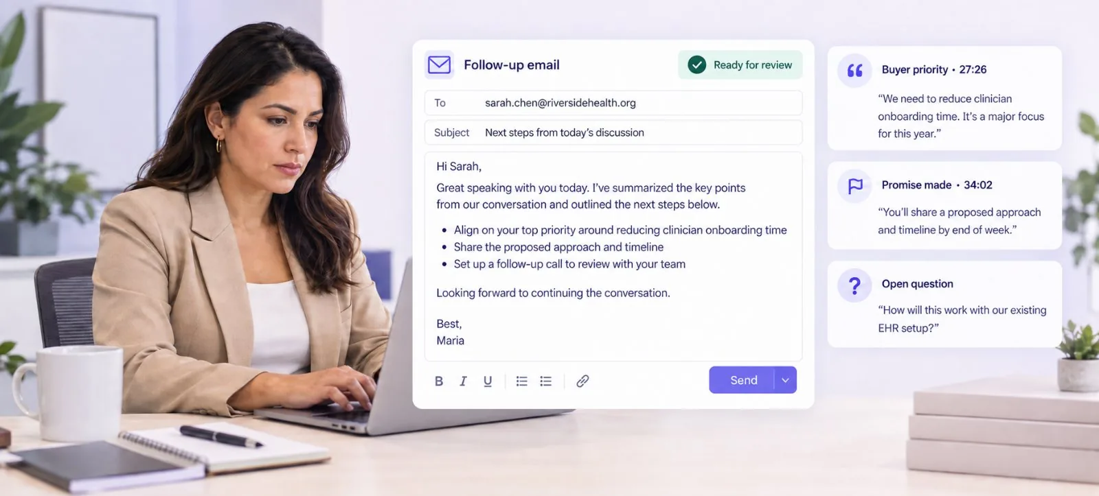 Suggested follow-up built from the buyer's priorities and open questions