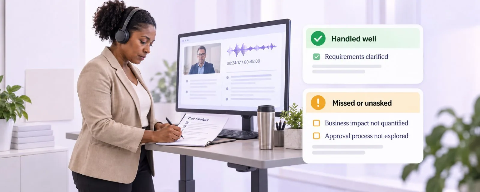 Account executive reviewing call performance and missed questions