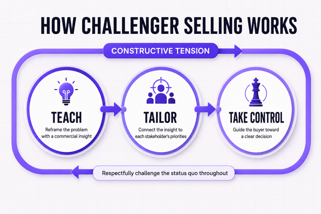 Teach Tailor and Take Control framework with constructive tension in Challenger selling