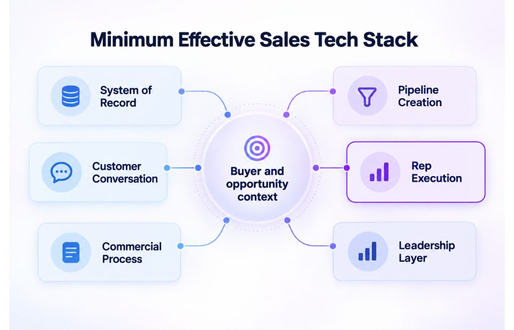 Six connected layers of a minimum effective sales technology stack